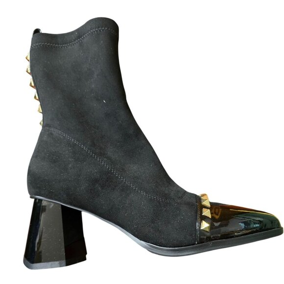 Azura Black Suede Ankle Boots With Gold Studs & Patent Toe Size 37 - Picture 9 of 12